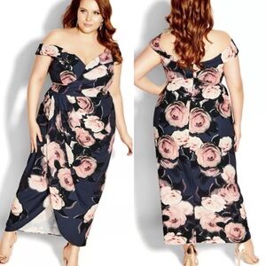 City Chic Sweet Love Off Shoulder Maxi Dress 16 pink floral peony wedding guest